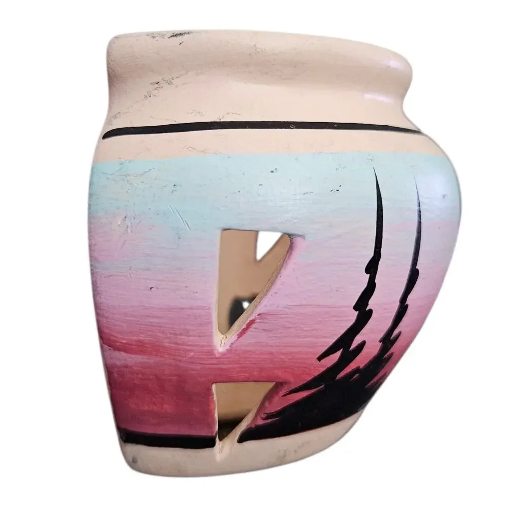 Vintage Southwestern Pottery Candle Holder Desert Yucca Hand Painted Signed READ